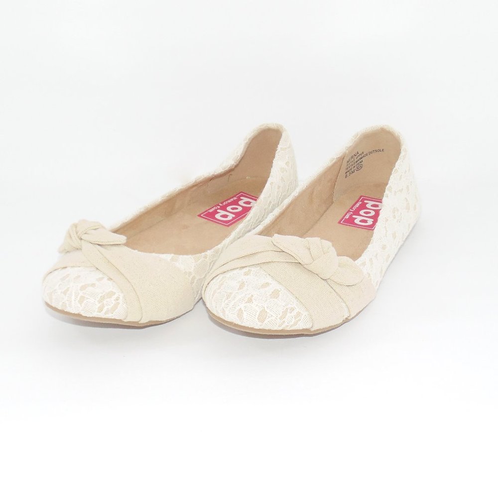 POP Mirna White/Beige Flats Memory Foam Size 6.5